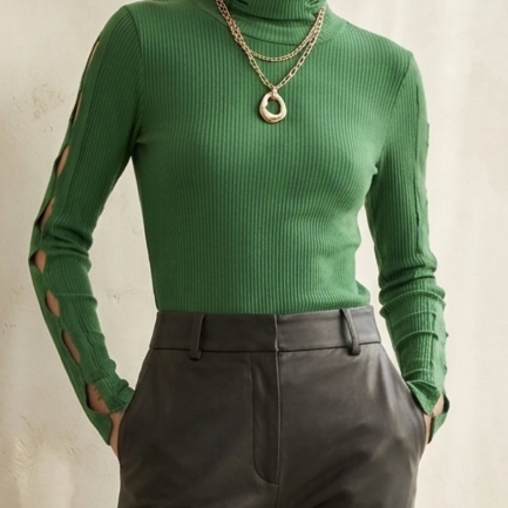 Distressed Ribbed Lamade Pine Green Mock Neck Top L Large